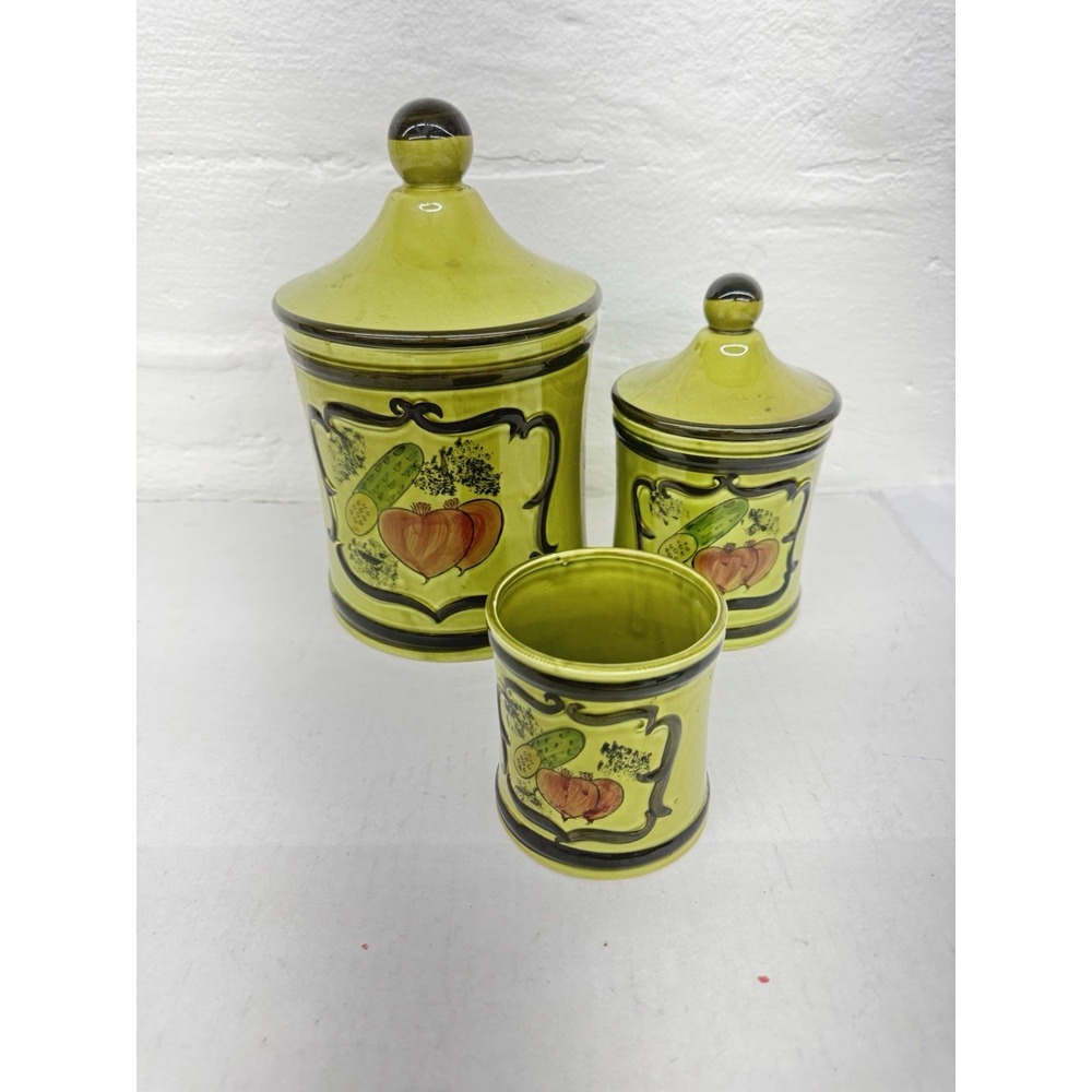 vintage‎ MCM hand painted kitchen canister set 3pc vegetables  One Lid Missing